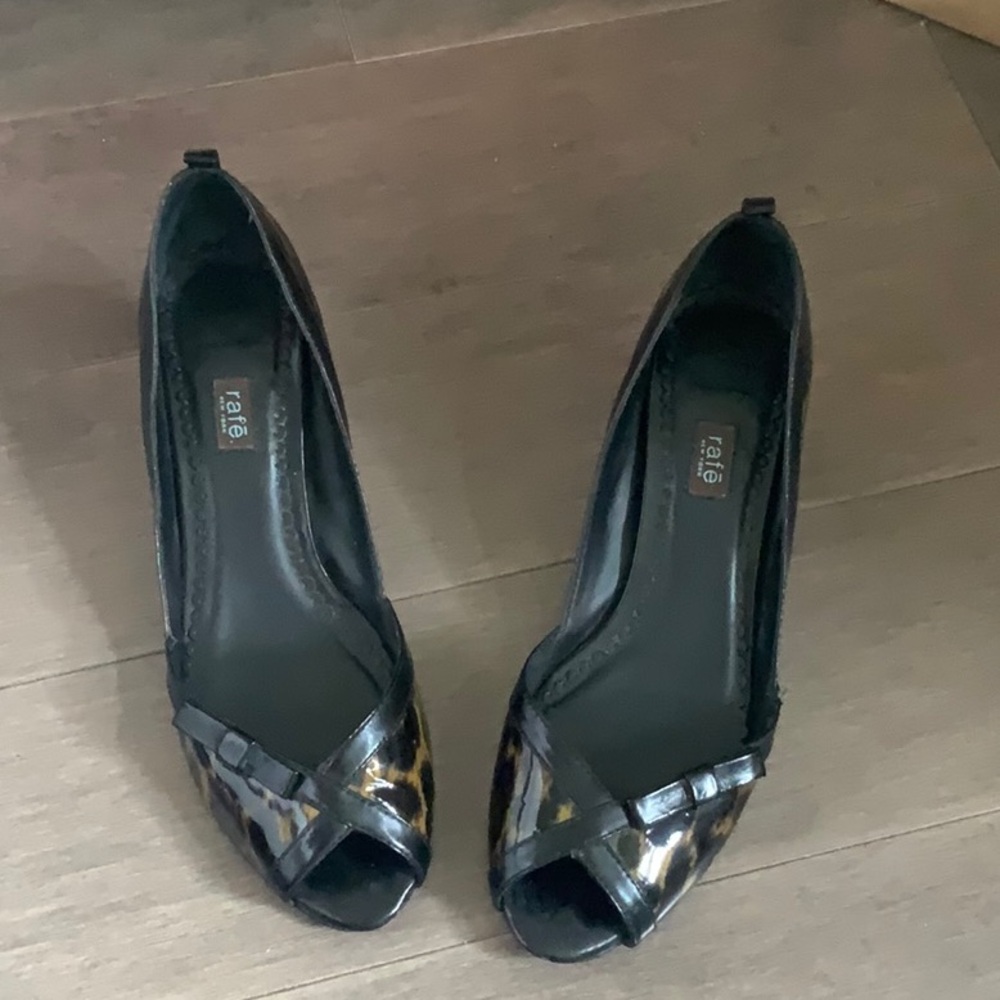 Rafe New York Women's Sophia Peep Toe Pumps Black Leopard Cone Heels